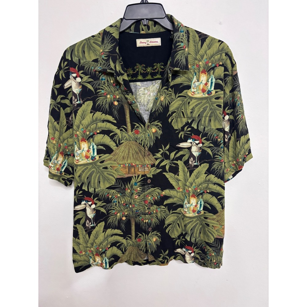 Tommy Bahama Mens XL Silk Christmas Shirt Toucan Tropical Holiday Black Green